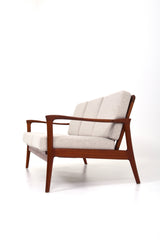 Tresitssoffa Carl-Erik Johansson brun teak beige ulltyg