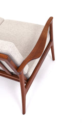 Tresitssoffa Carl-Erik Johansson brun teak beige ulltyg