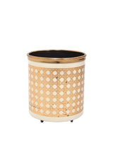 Papperskorg i metall, beige med dekor i guld. Papperskorg av Piero Fornasetti för Atelier Fornasetti, 50tal