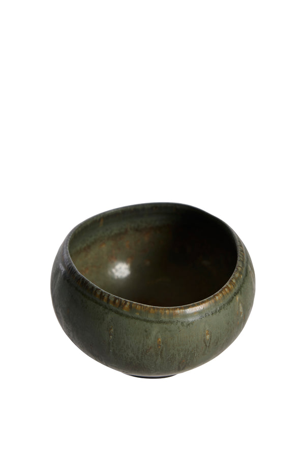 Öppen vy av Rörstrandskål formgiven av Gunnar Nylund – grön glasyr, stengods, 50-tal.